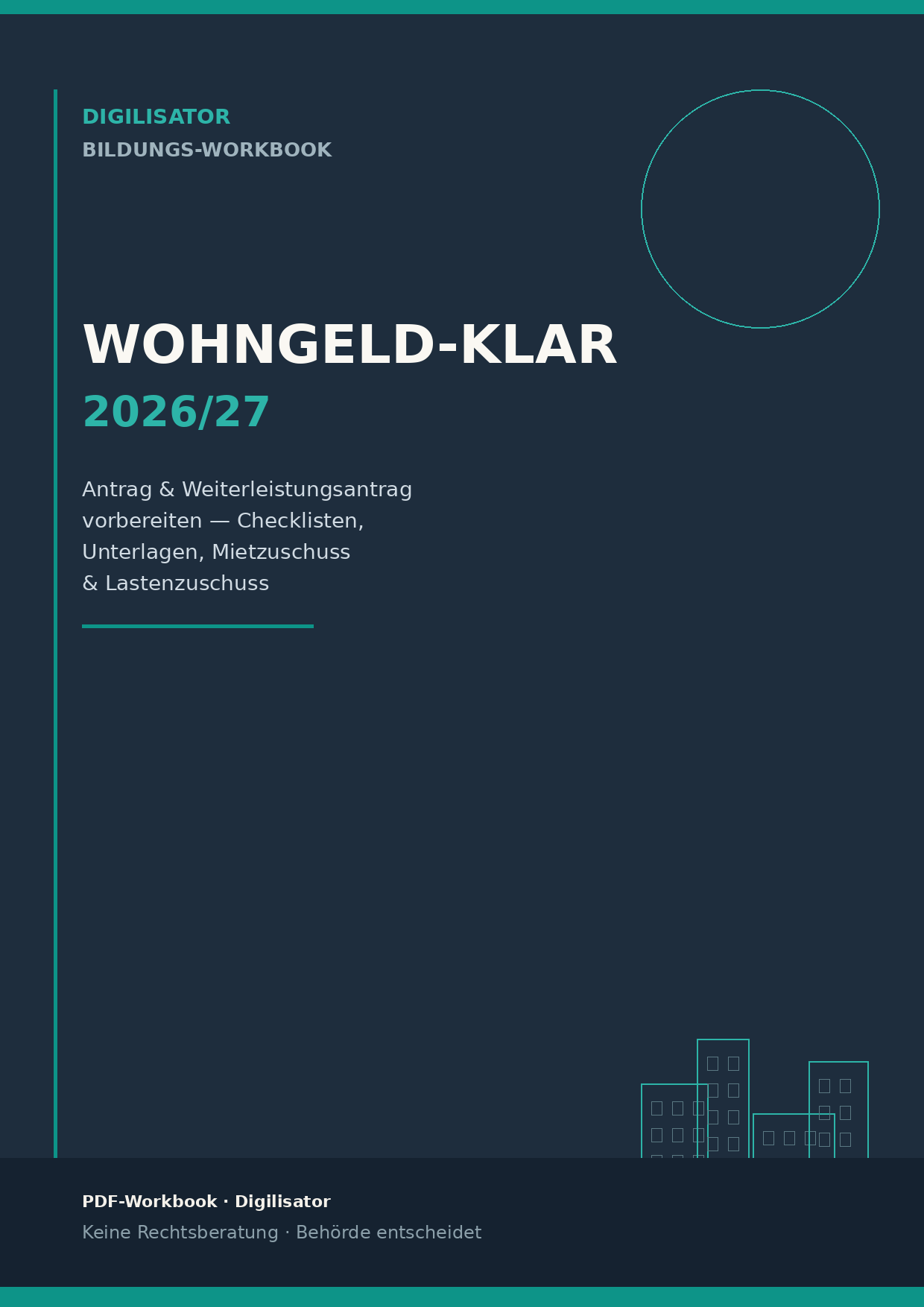 Cover des E-Books Wohngeld-klar 2026/27 in Slate und Teal: Workbook Antrag und Weiterleistungsantrag, Digilisator